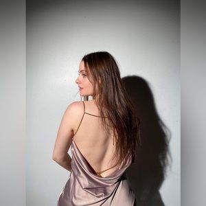 Hours brand silky dusty purple rose colored cowl neck mini slip dress